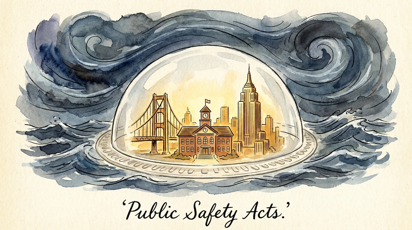 Watercolor illustration of a city protected inside a giant legal seal from dark, swirling storm clouds.