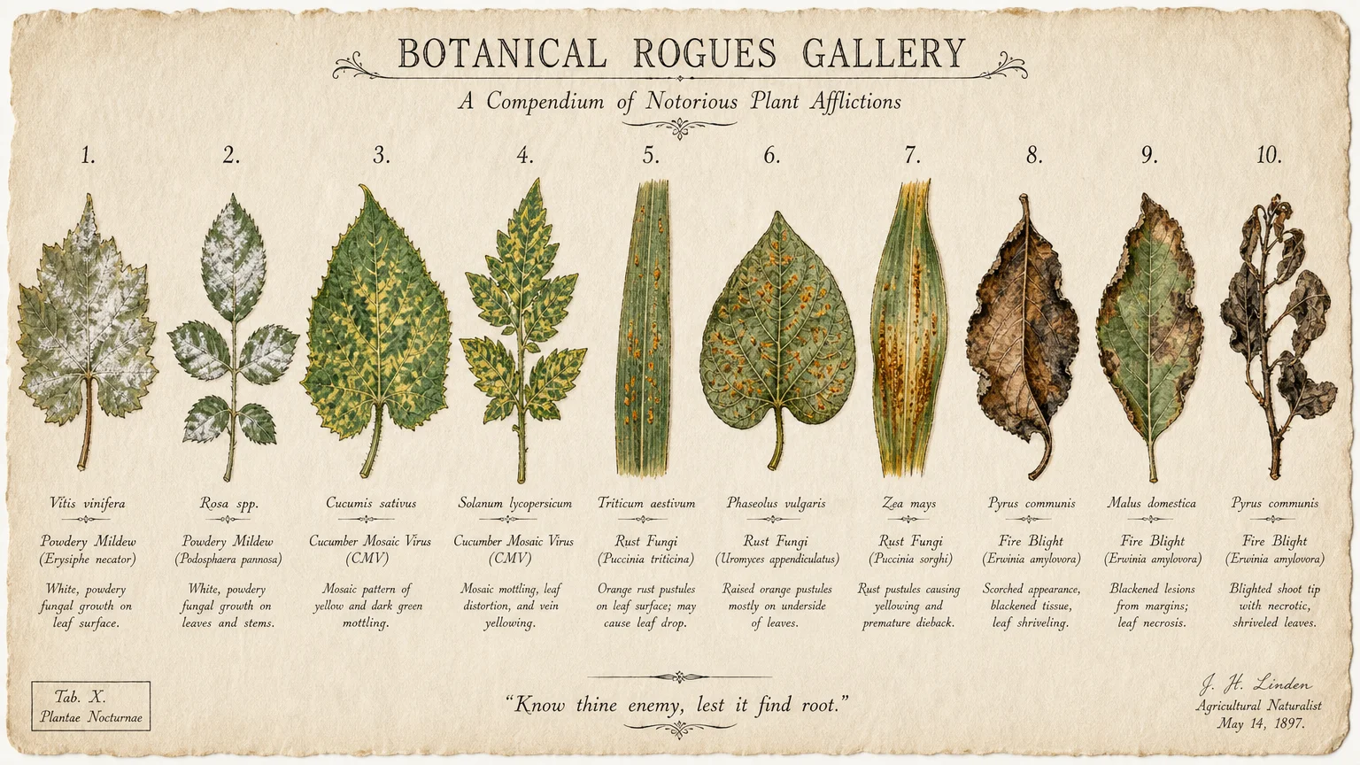 A botanical illustration of ten different plant leaves, each showing unique symptoms of summer diseases like mildew, rust, and blight.