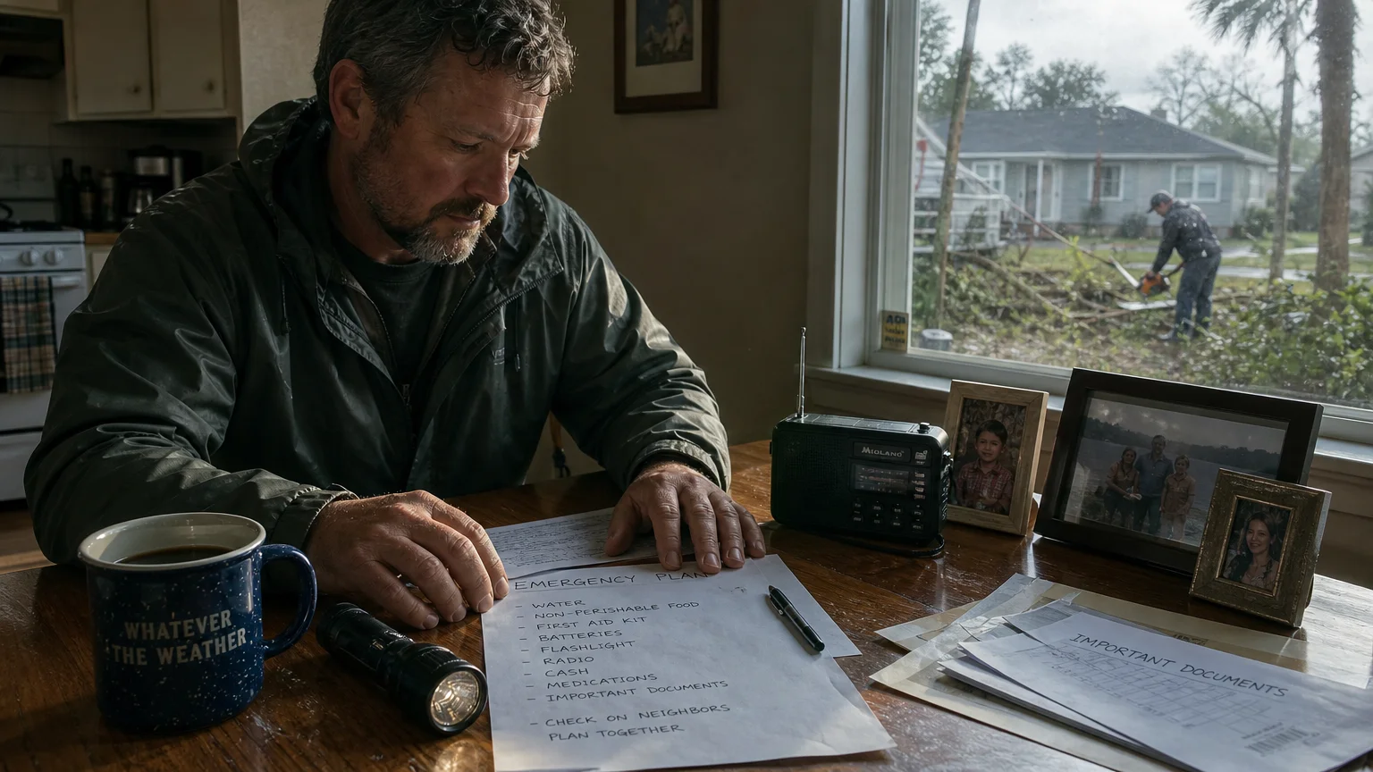 A candid photo of a person sitting at a kitchen table with an emergency plan and a radio, reflecting on the impact of a storm.