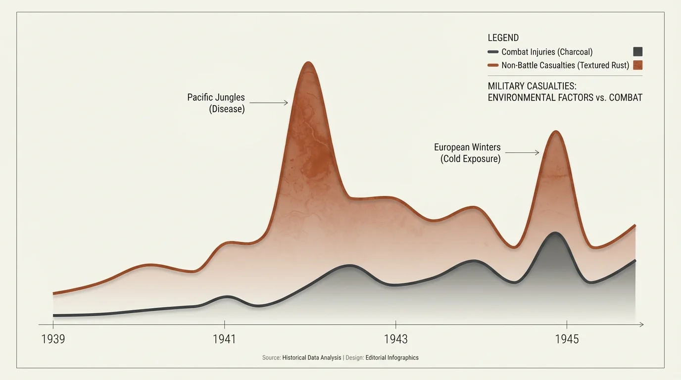 A clean horizontal line graph showing the rising toll of non-combat casualties compared to combat injuries from 1939 to 1945.