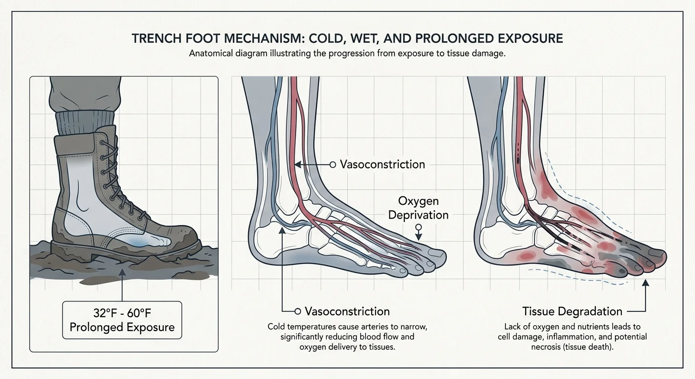 A clean medical diagram illustrating the anatomical stages of trench foot caused by cold water exposure.
