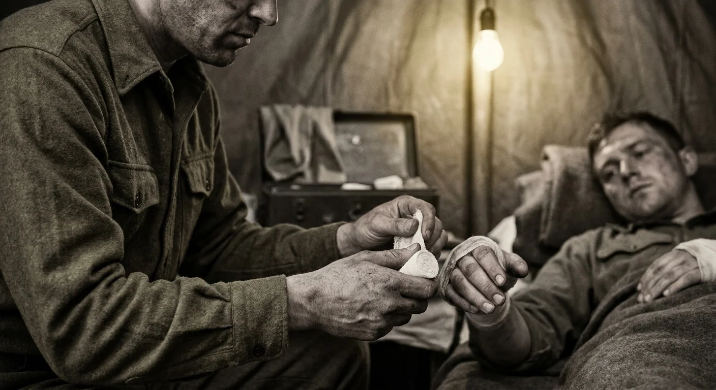 A close-up black and white photo of a military medic gently wrapping a bandage around a soldier's injured hand.