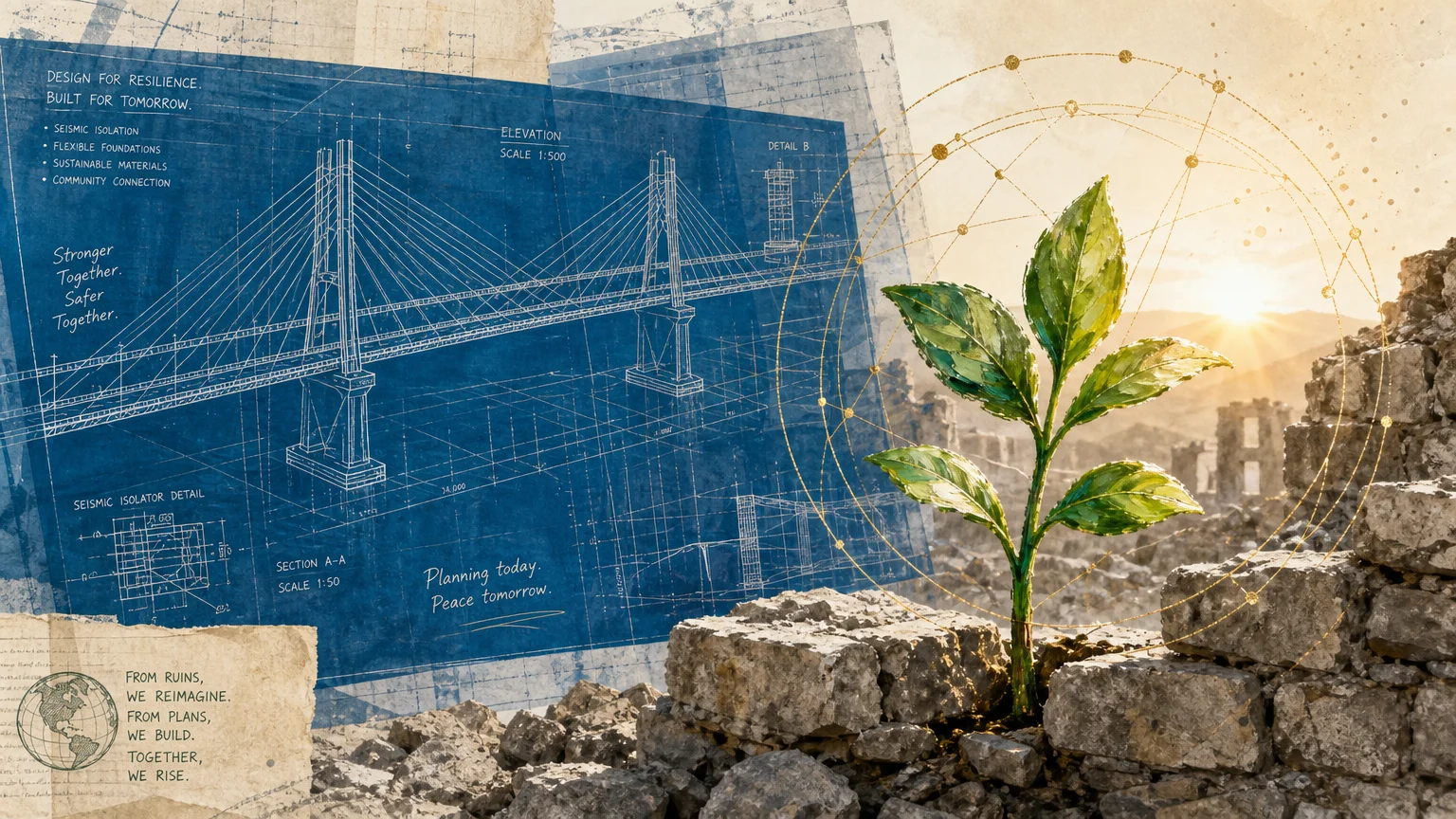 A collage showing architectural blueprints over stone ruins, with a small green plant growing in the foreground.