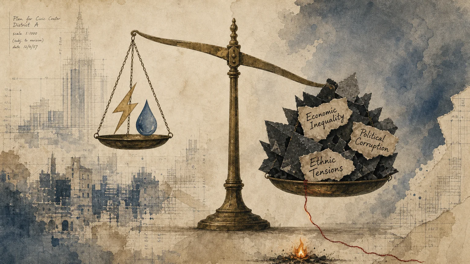 A conceptual collage of a balance scale where social tensions outweigh a single disaster icon, leading to a small flame.