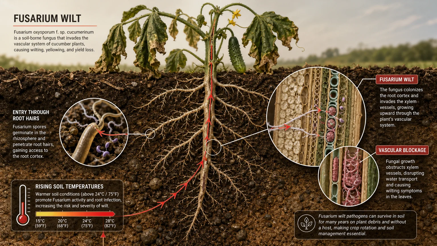 A cross-section diagram showing how soil-borne pathogens like Fusarium wilt invade a plant's roots and block its internal water systems.