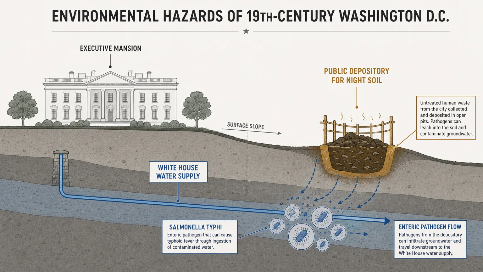 A diagram showing how the White House water supply was contaminated by a nearby depository for untreated human waste in the 1850s.