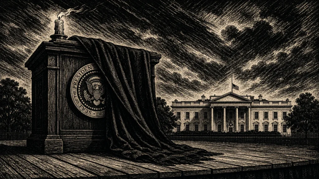 A dramatic woodcut illustration of a presidential podium draped in black mourning cloth against a stormy silhouette of the White House.