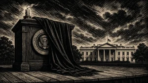A dramatic woodcut illustration of a presidential podium draped in black mourning cloth against a stormy silhouette of the White House.