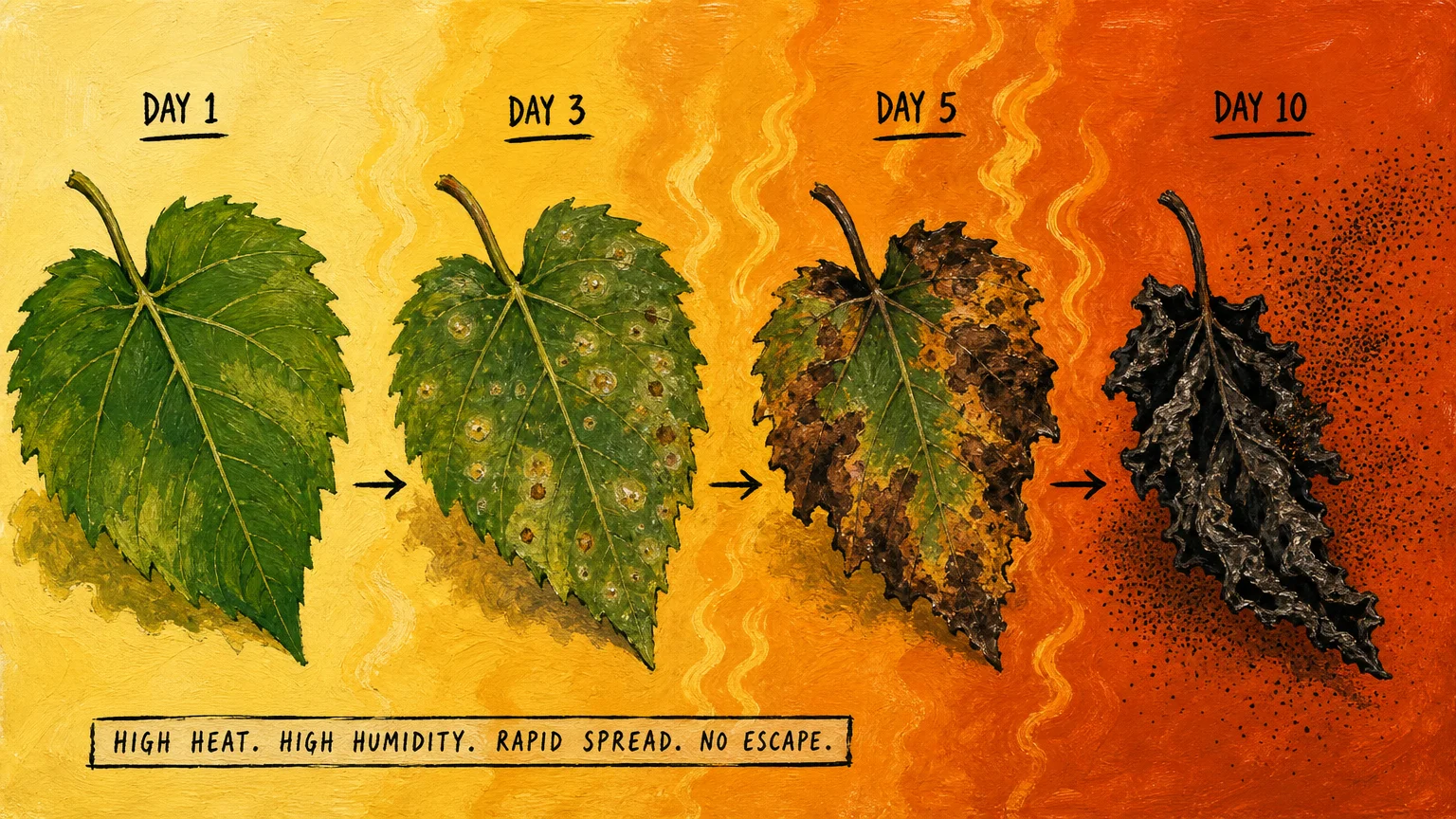 A four-stage horizontal illustration showing a plant leaf progressing from healthy green to blackened decay over ten days.