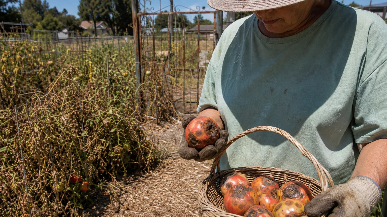 A gardener in a sun hat looking down at a basket of tomatoes ruined by blight in a sunny backyard garden.