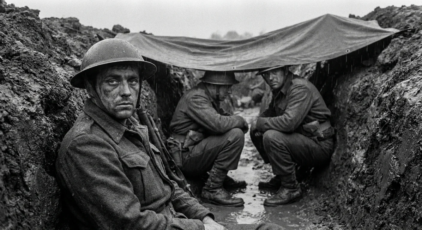 A gritty black and white photo of three exhausted soldiers huddled in a wet, muddy trench during a rainy day.