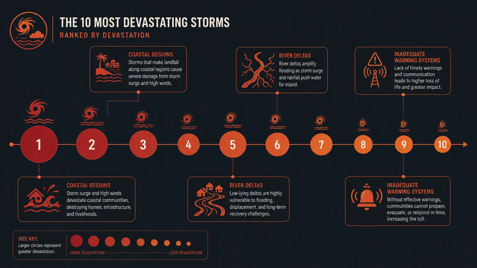 A horizontal infographic timeline ranking the ten most devastating tropical storms using scaled circles and clean labels.