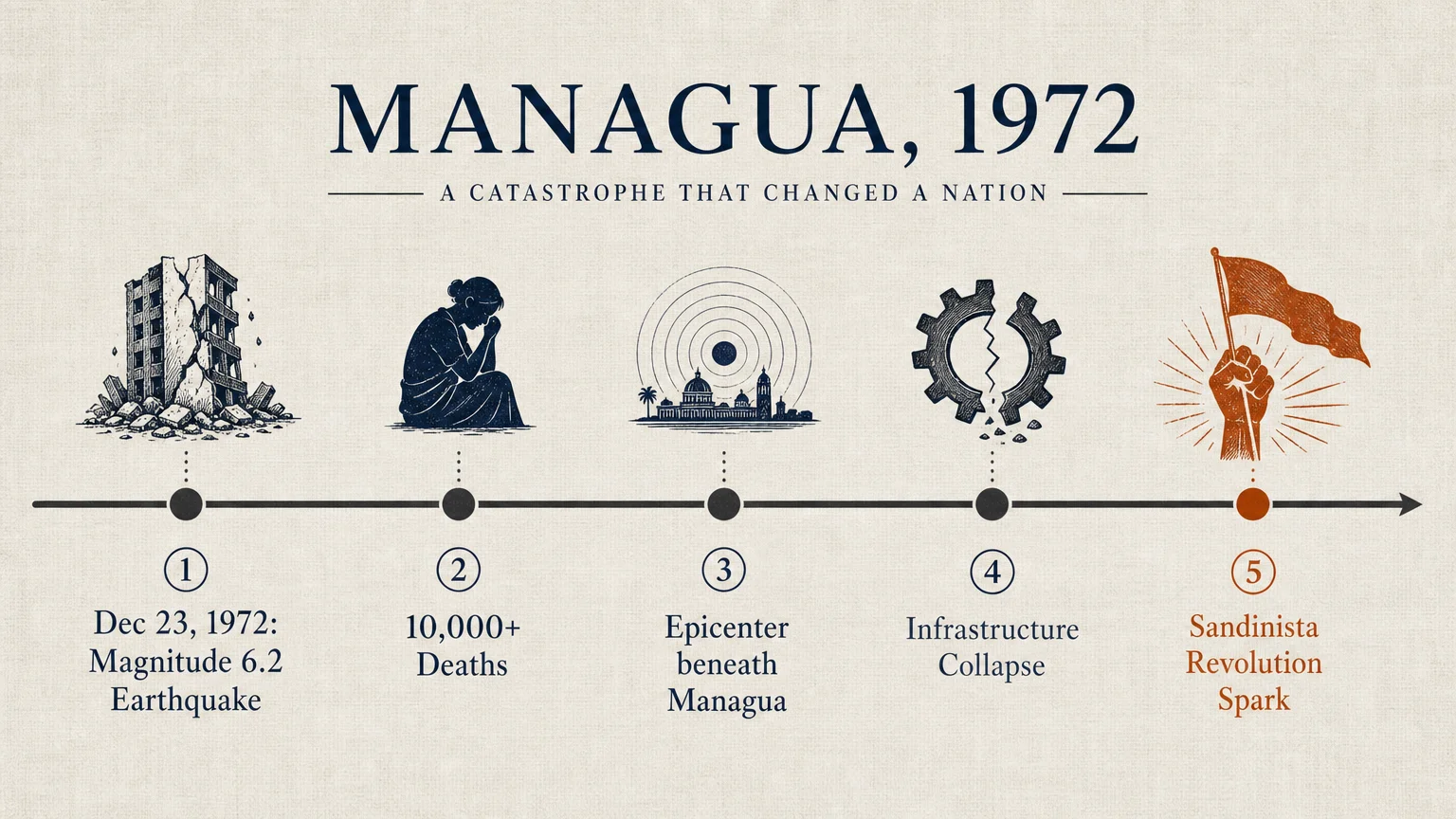 A horizontal timeline of the 1972 Managua earthquake, marking the magnitude, epicenter, and the resulting revolution.