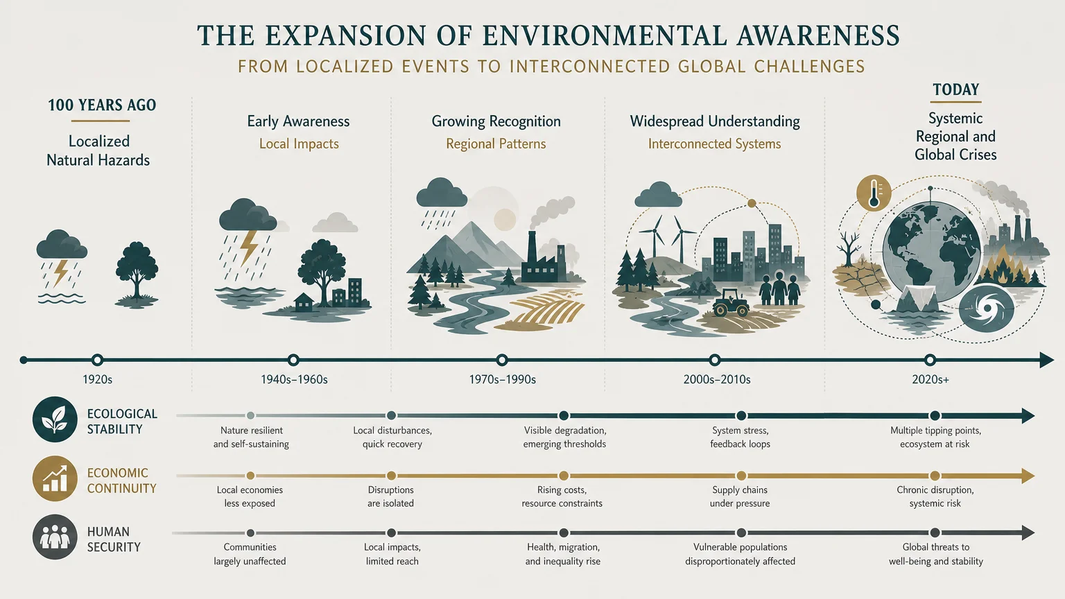 A horizontal timeline showing the transition from localized natural hazards to systemic global crises over the last century.