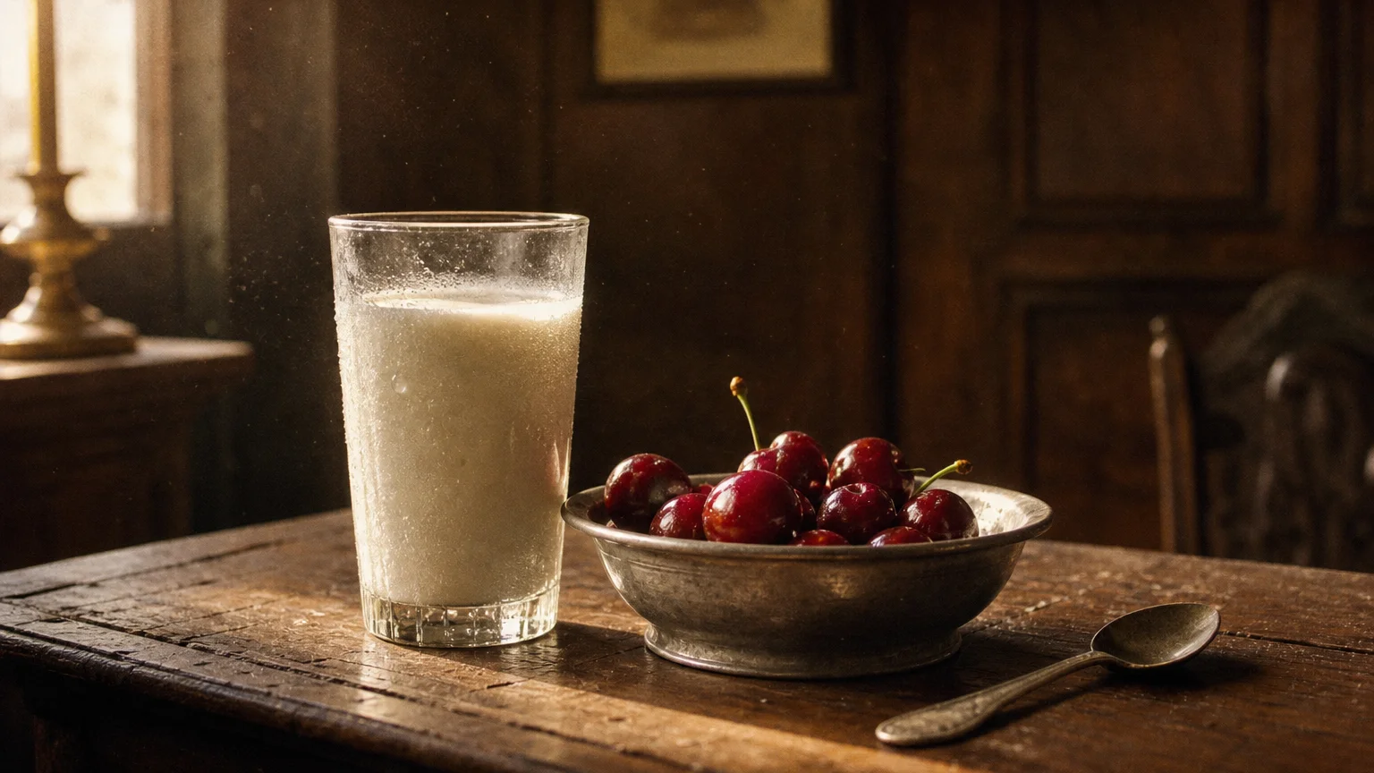 A macro photograph of a glass of milk and a bowl of raw cherries on a dark wooden table in soft 19th-century lighting.