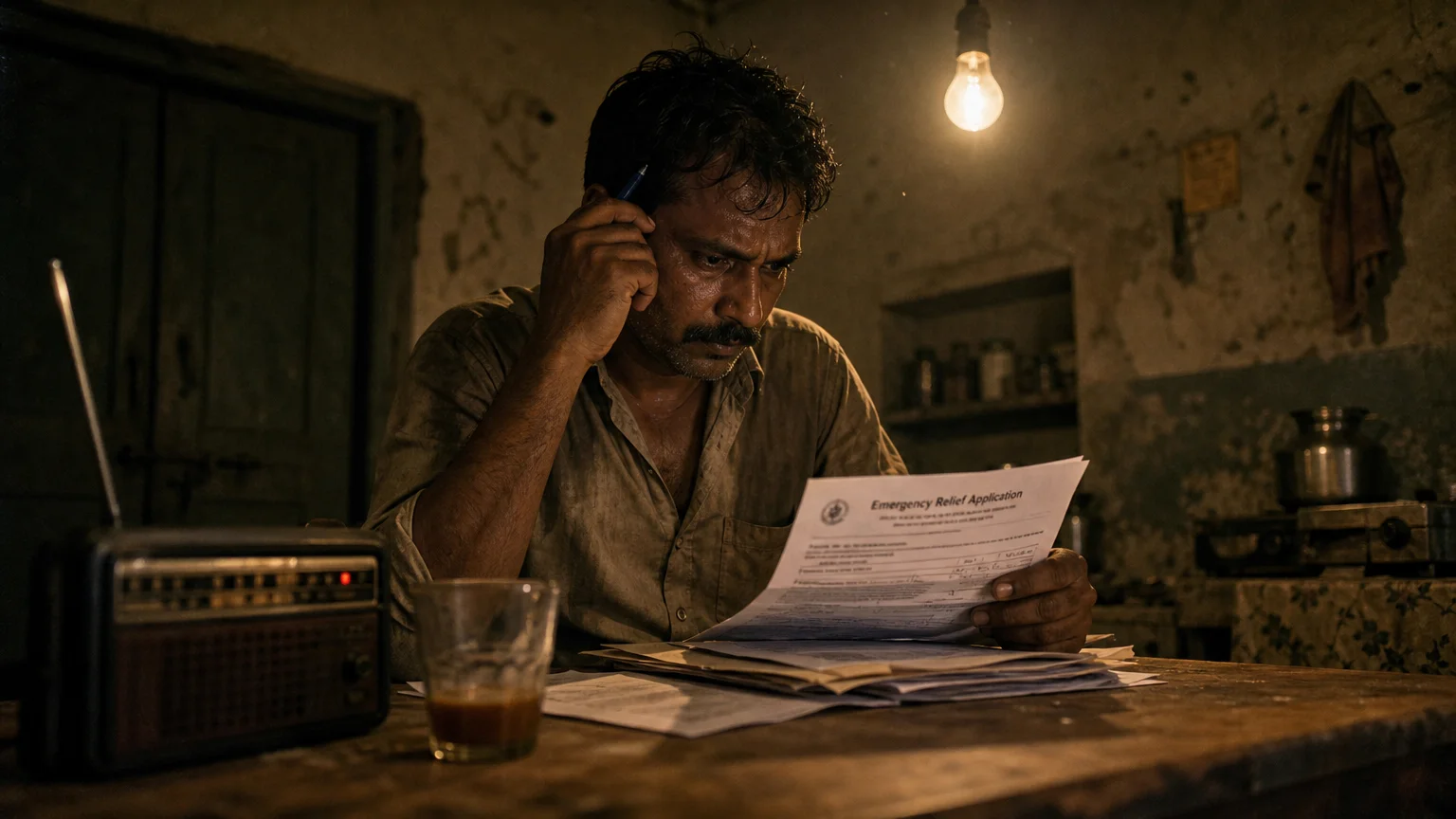 A man in a worn kitchen sits at a wooden table, staring at a relief application form under a single lightbulb.