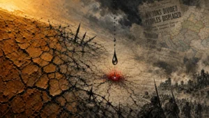A mixed media artwork showing cracked earth transforming into barbed wire and military silhouettes under a stormy, map-filled sky.
