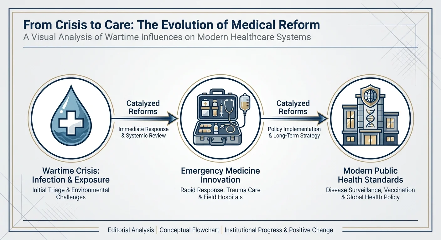 A modern flowchart diagram mapping the evolution of wartime medical crises into modern public health standards.