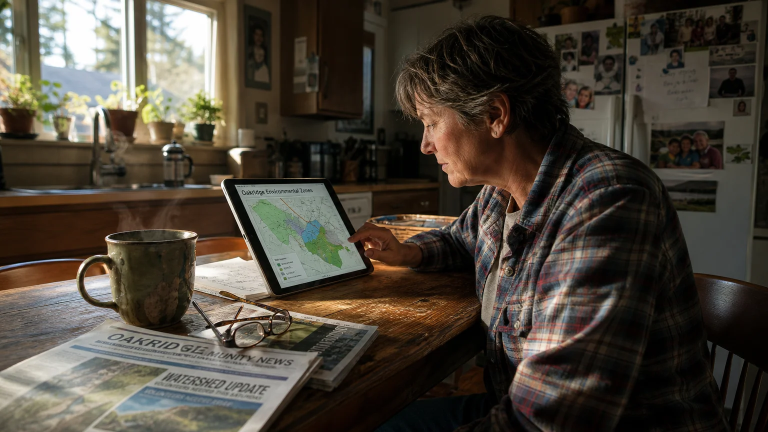 A person at a kitchen table looking at environmental data on a tablet, symbolizing local resilience.