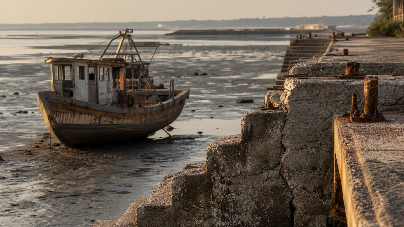 A photograph of weathered coastal infrastructure, illustrating the impact of environmental shifts on global systems.