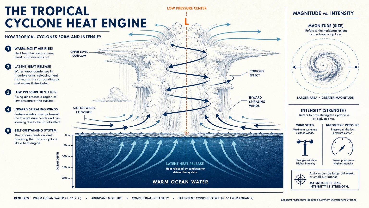 A scientific diagram showing the mechanics of a tropical cyclone, labeling latent heat, the Coriolis effect, and low pressure.