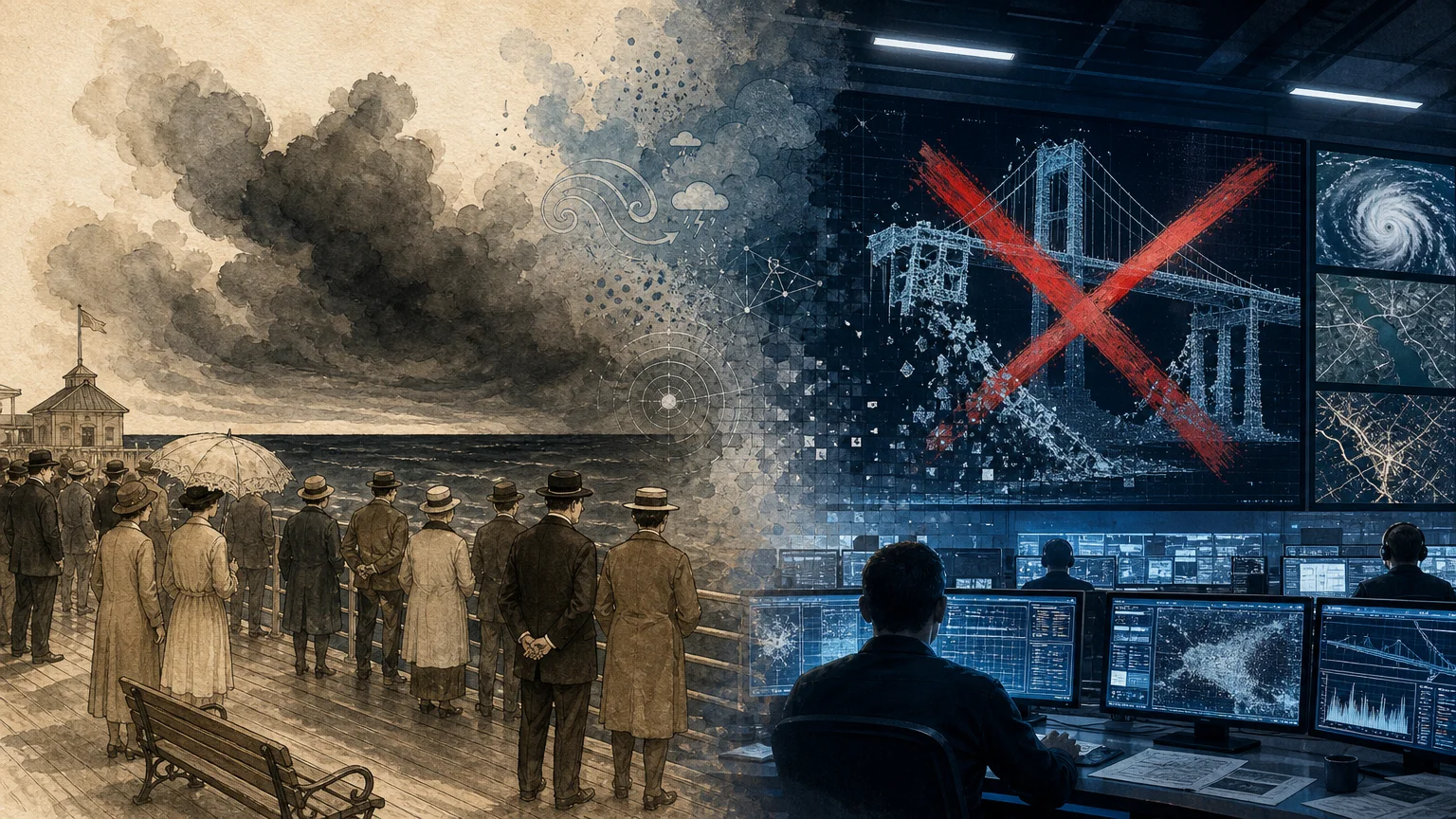 A split-screen illustration showing early 20th-century people caught by surprise versus modern technicians facing engineering failure.