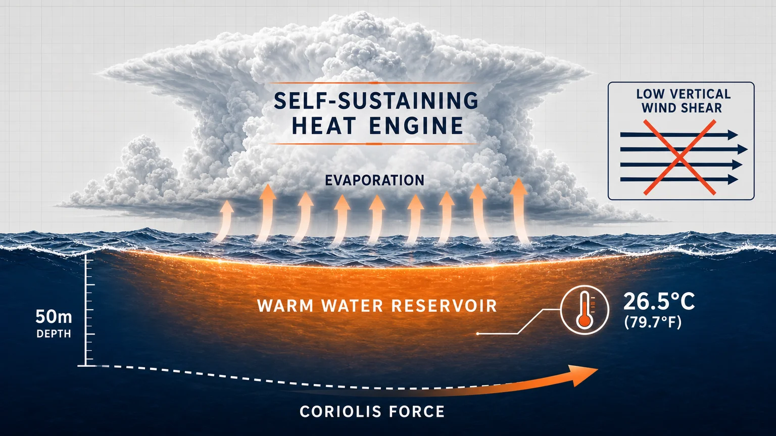 A technical diagram showing how 26.5 degree Celsius water and low wind shear fuel the tropical storm heat engine.
