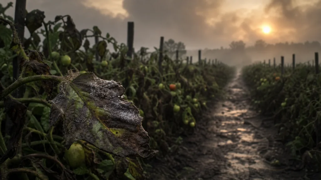 A vast tomato field suffering from late blight, with blackened leaves and stems under a hazy, humid summer sky at sunset.
