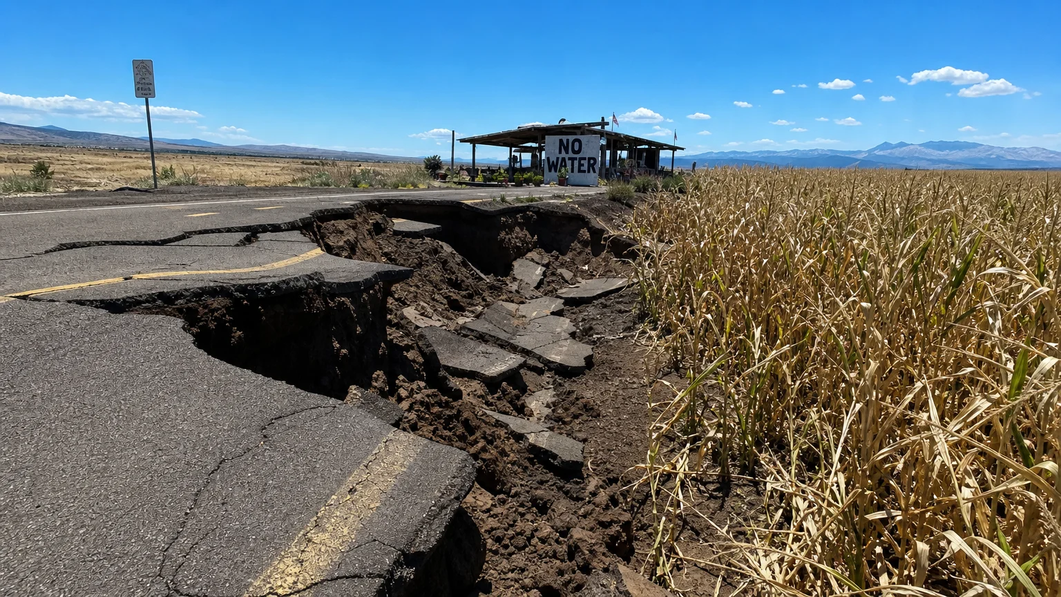 A wide-angle photo of a buckled, broken road next to a dying cornfield with a 'NO WATER' sign in the distance.