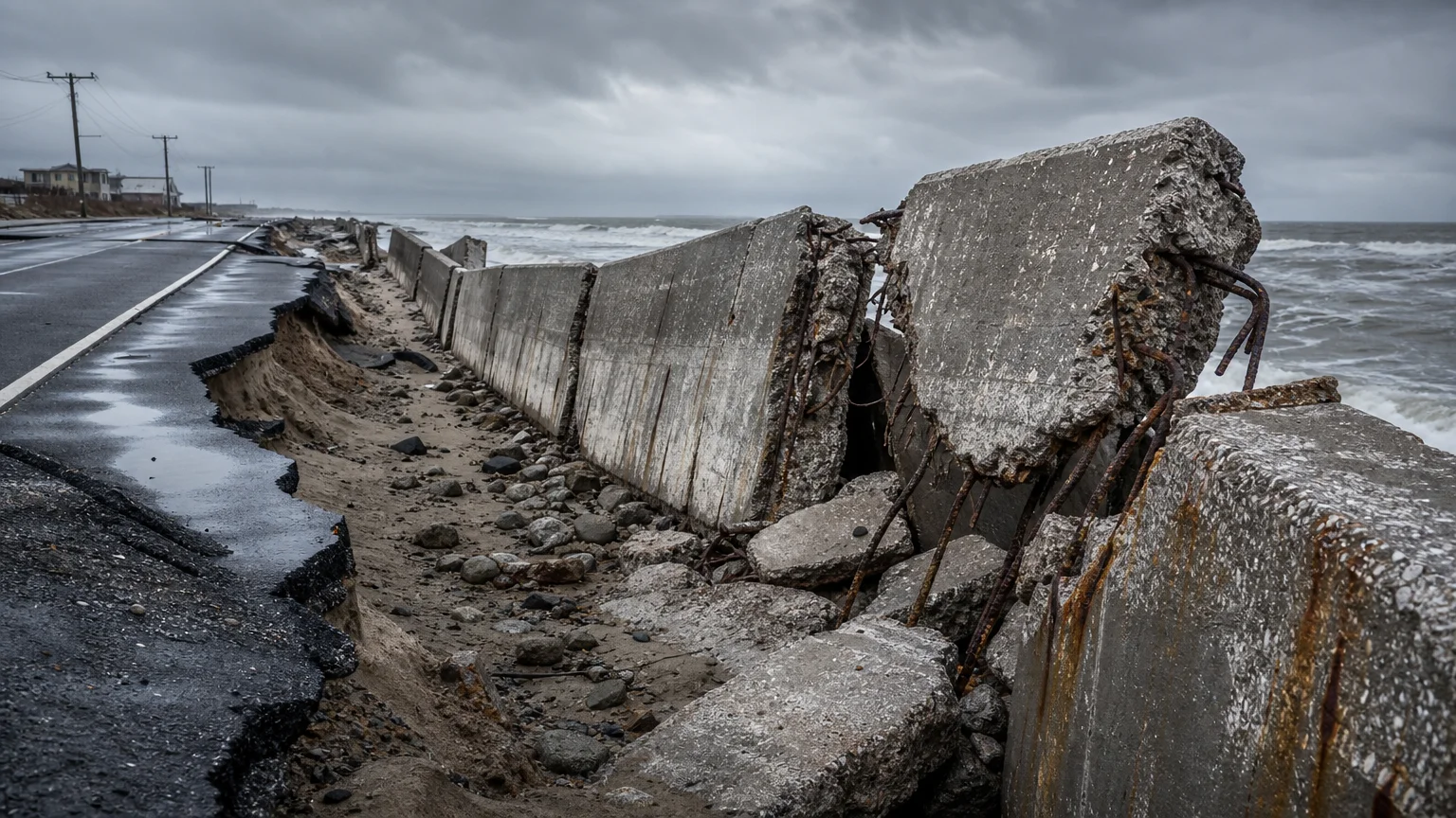 A wide shot of a crumbled concrete sea wall and buckled coastal road under a grey, overcast sky.