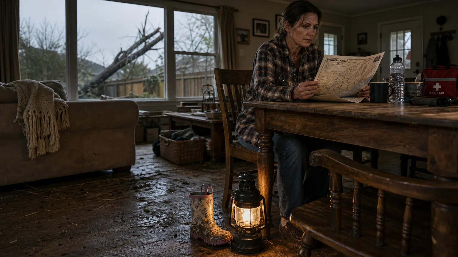 A woman sits at a wooden table in a dimly lit room after a storm, looking at a map by the light of a portable lantern.