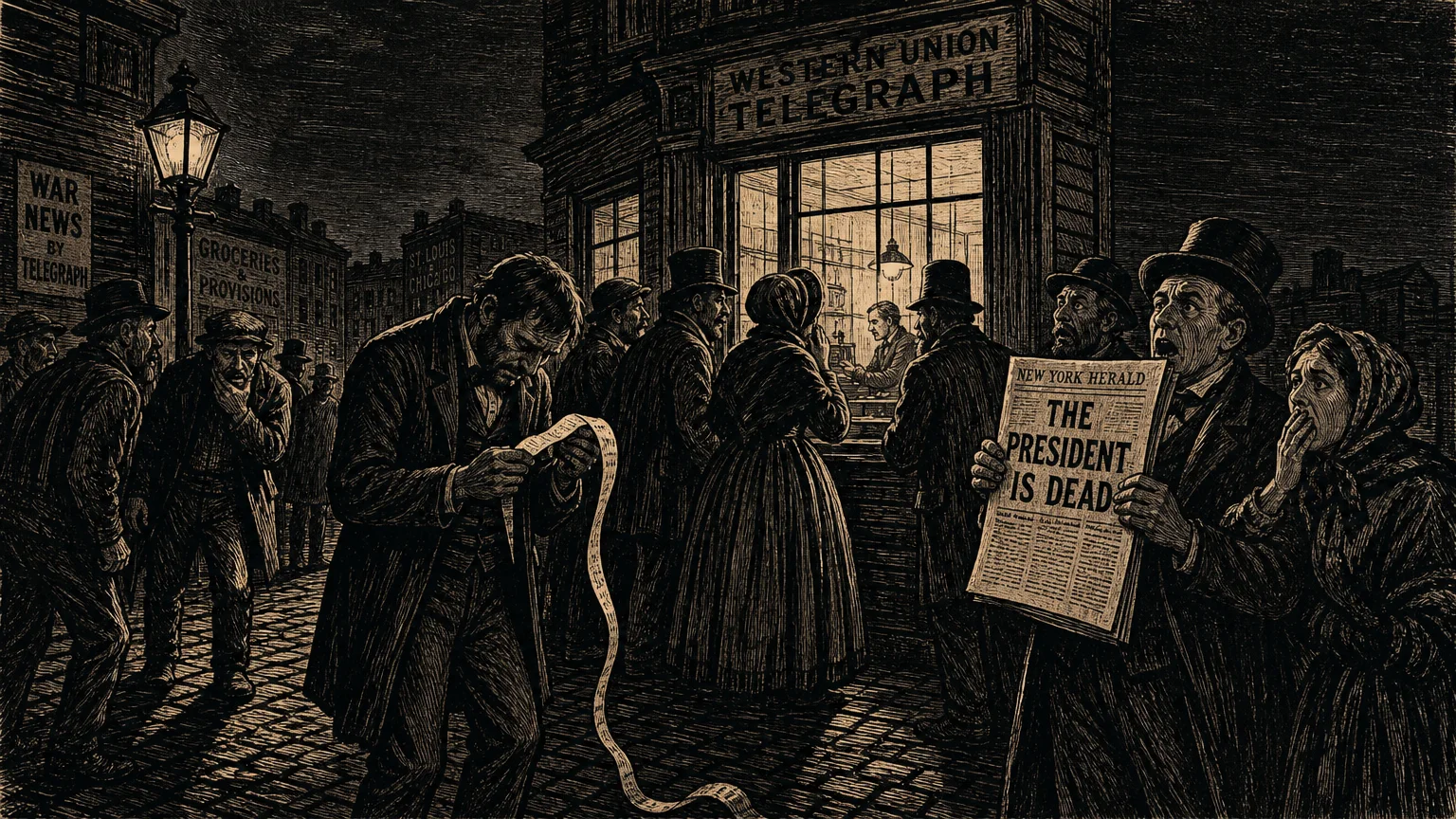 A woodcut illustration of a 19th-century crowd gathered around a telegraph office in mourning and shock.
