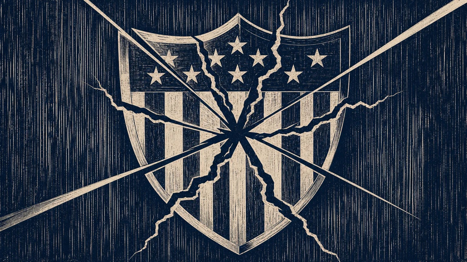 A woodcut of a cracked U.S. shield with eight distinct fractures representing the eight presidential deaths in office.