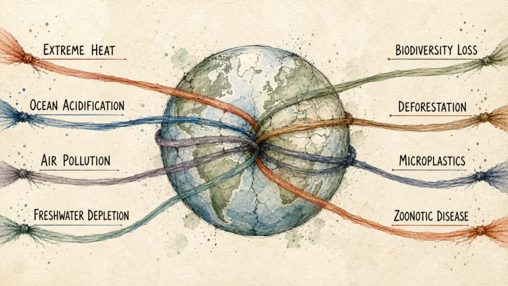 An editorial illustration showing a globe encircled by eight labeled threads representing modern environmental threats.
