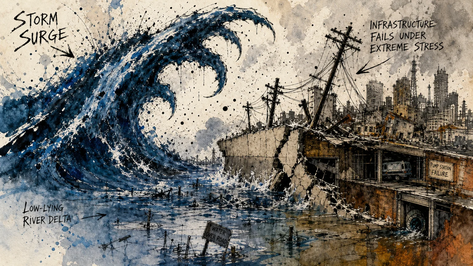 An expressive illustration showing a massive ink-wash wave crashing into a coastal city's infrastructure and sea walls.