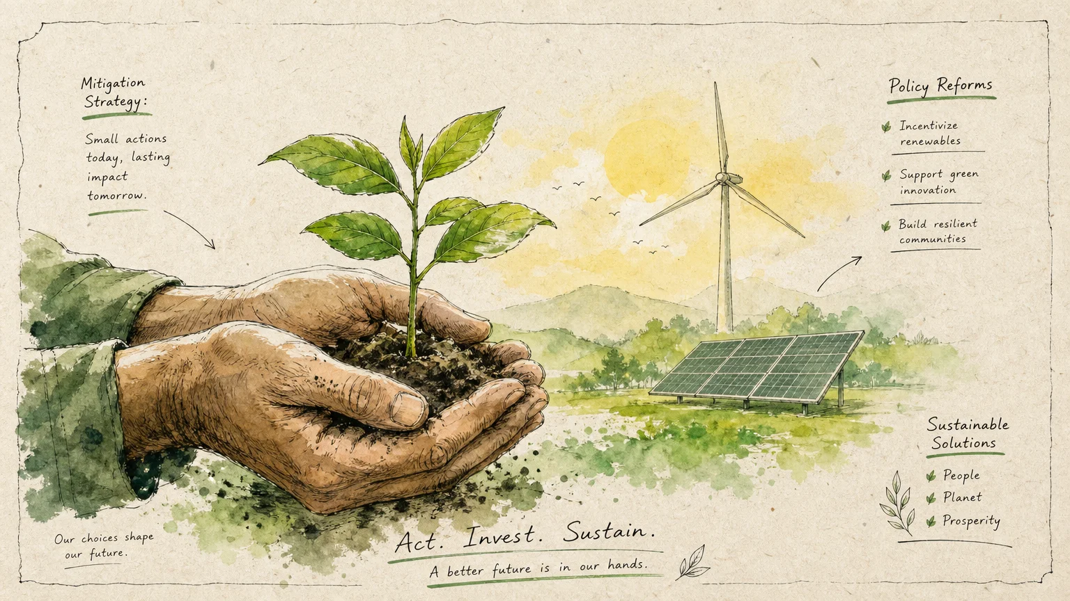 An illustration of hands planting a sapling with renewable energy symbols in the background.