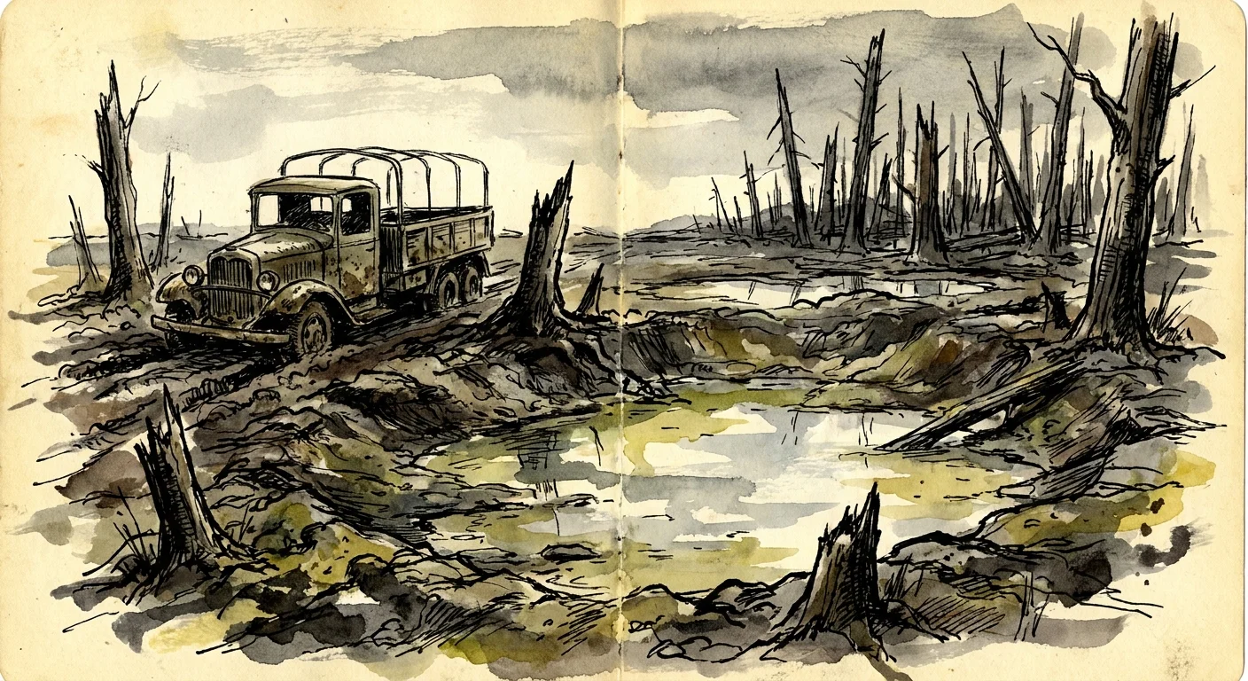 An ink and watercolor illustration of a desolate, muddy battlefield with shattered trees and a sinking military truck.