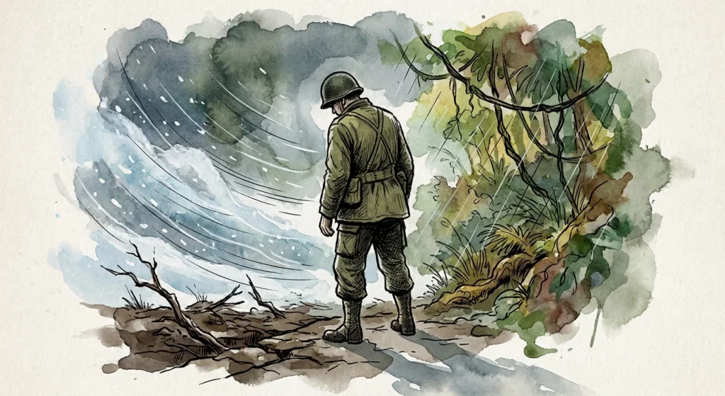 An ink and watercolor illustration of a lone World War II soldier struggling forward through a storm of freezing snow and jungle rain.