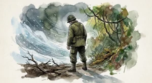 An ink and watercolor illustration of a lone World War II soldier struggling forward through a storm of freezing snow and jungle rain.