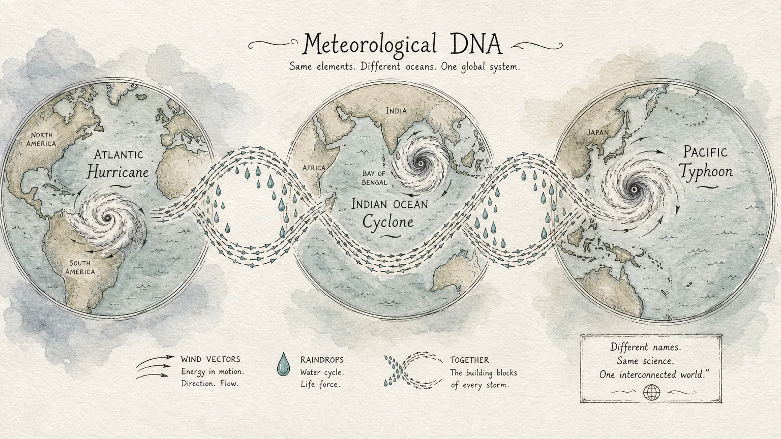 An ink and watercolor map showing the different names for tropical storms—Hurricane, Cyclone, and Typhoon—across different ocean basins.