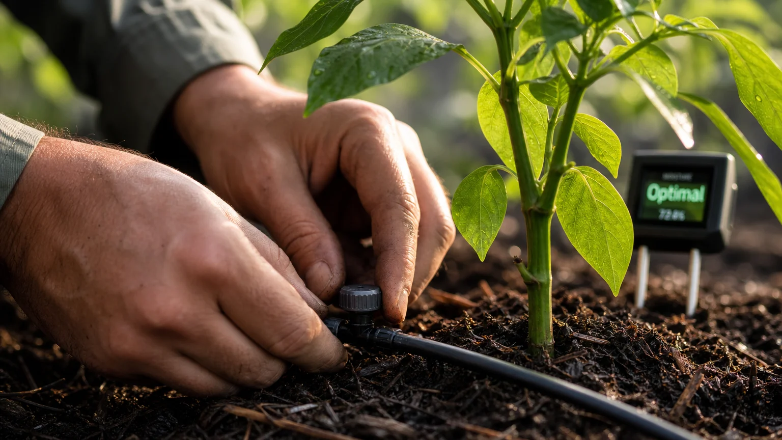 Close-up of hands installing a drip irrigation system and a soil sensor to maintain plant health and prevent disease.