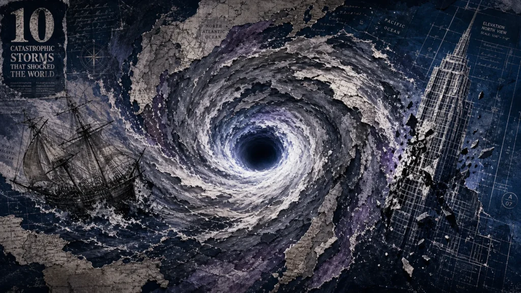 Conceptual mixed media art of a massive hurricane vortex swirling over maps and architectural elements, in dark indigo and slate grey.