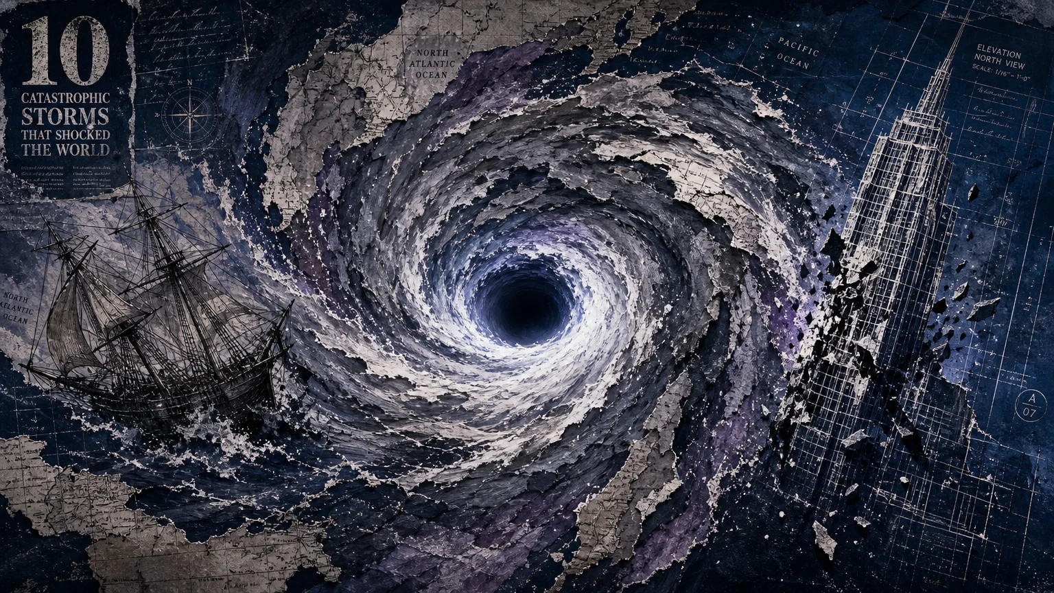 Conceptual mixed media art of a massive hurricane vortex swirling over maps and architectural elements, in dark indigo and slate grey.