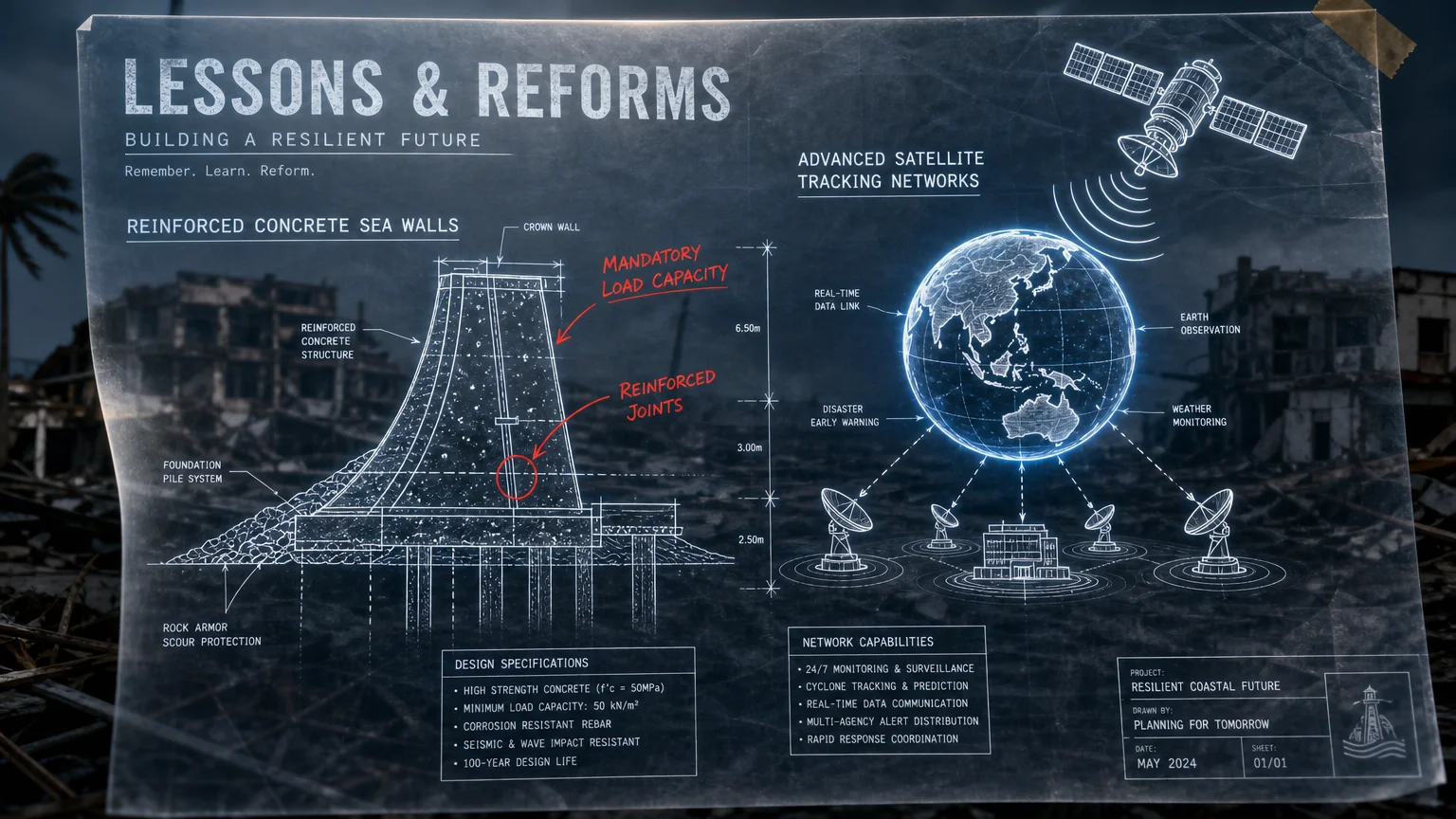 Technical blueprints for storm-resistant infrastructure overlaid on a background of storm ruins.