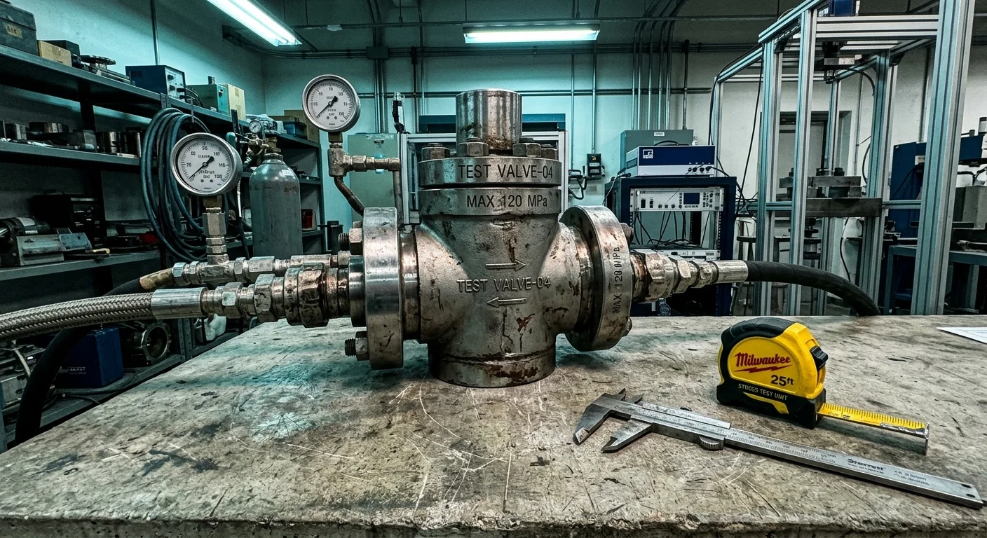 A close-up photograph of a steel containment valve undergoing safety testing on a concrete workbench in a lab.