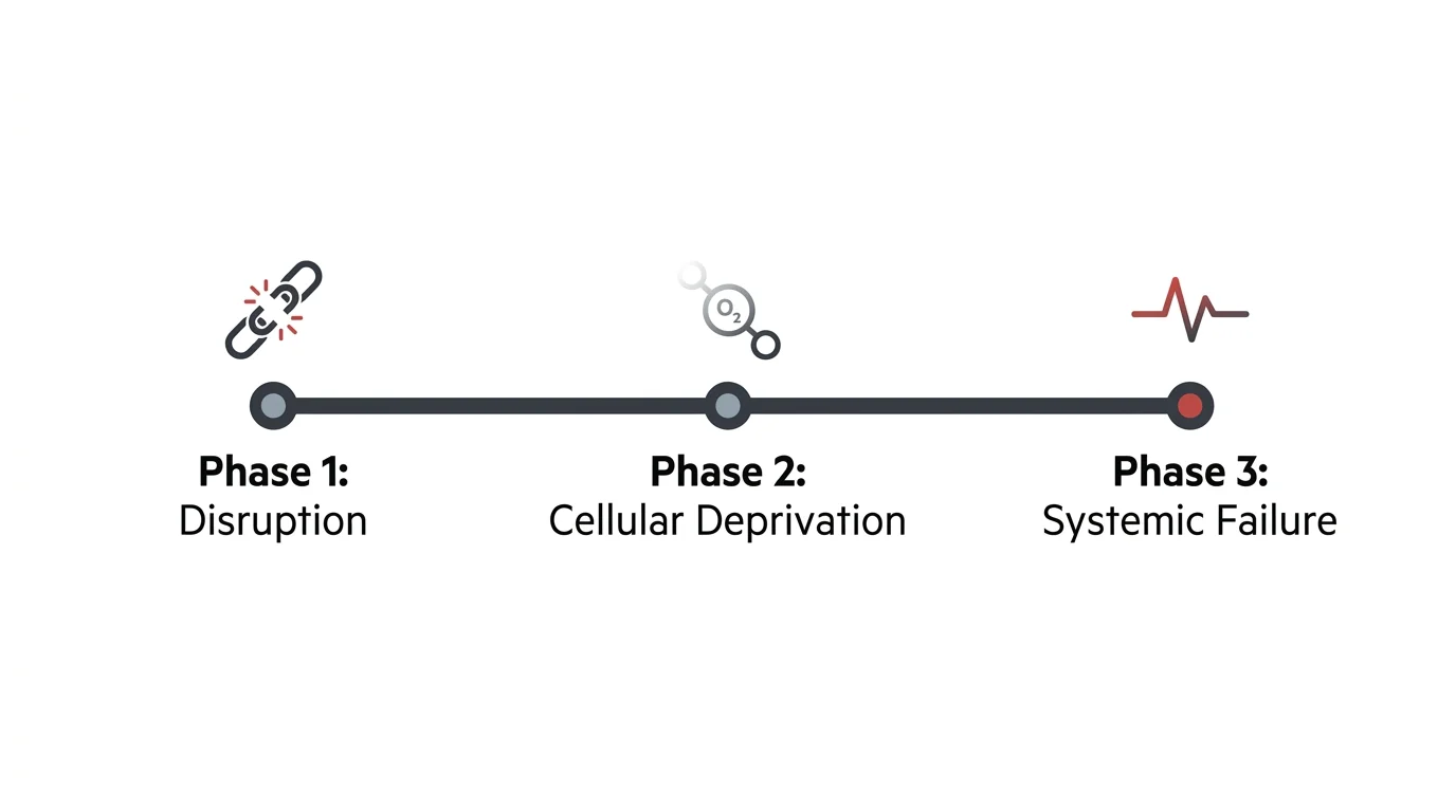 A horizontal minimalist timeline showing three phases of systemic failure: Disruption, Cellular Deprivation, and Systemic Failure.