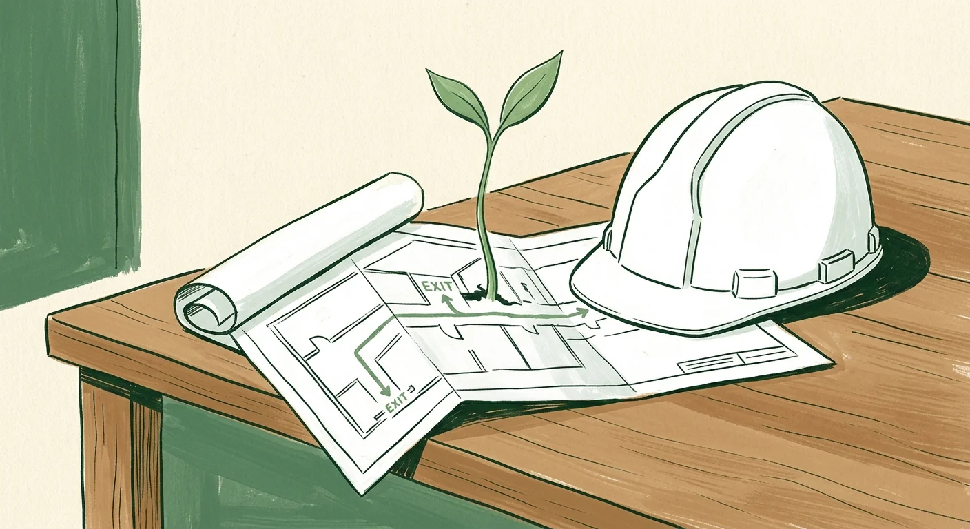 A mid-century style illustration of a safety hard hat, architectural blueprints, and a small green plant sprout growing from the table.