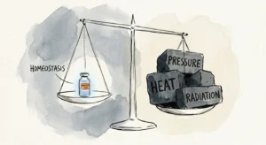 An editorial ink and watercolor illustration showing a delicate scale balancing homeostasis against heavy blocks of pressure and heat.