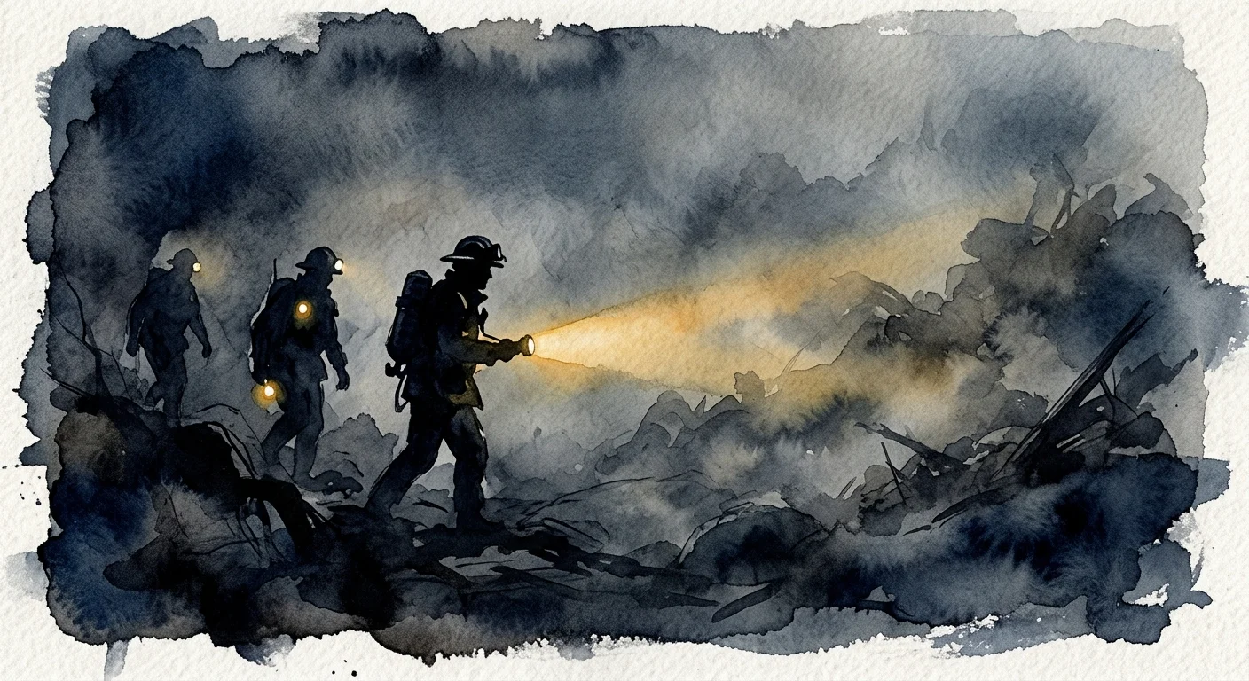 An ink and watercolor illustration of rescue workers with a searchlight navigating through a thick, dark fog.