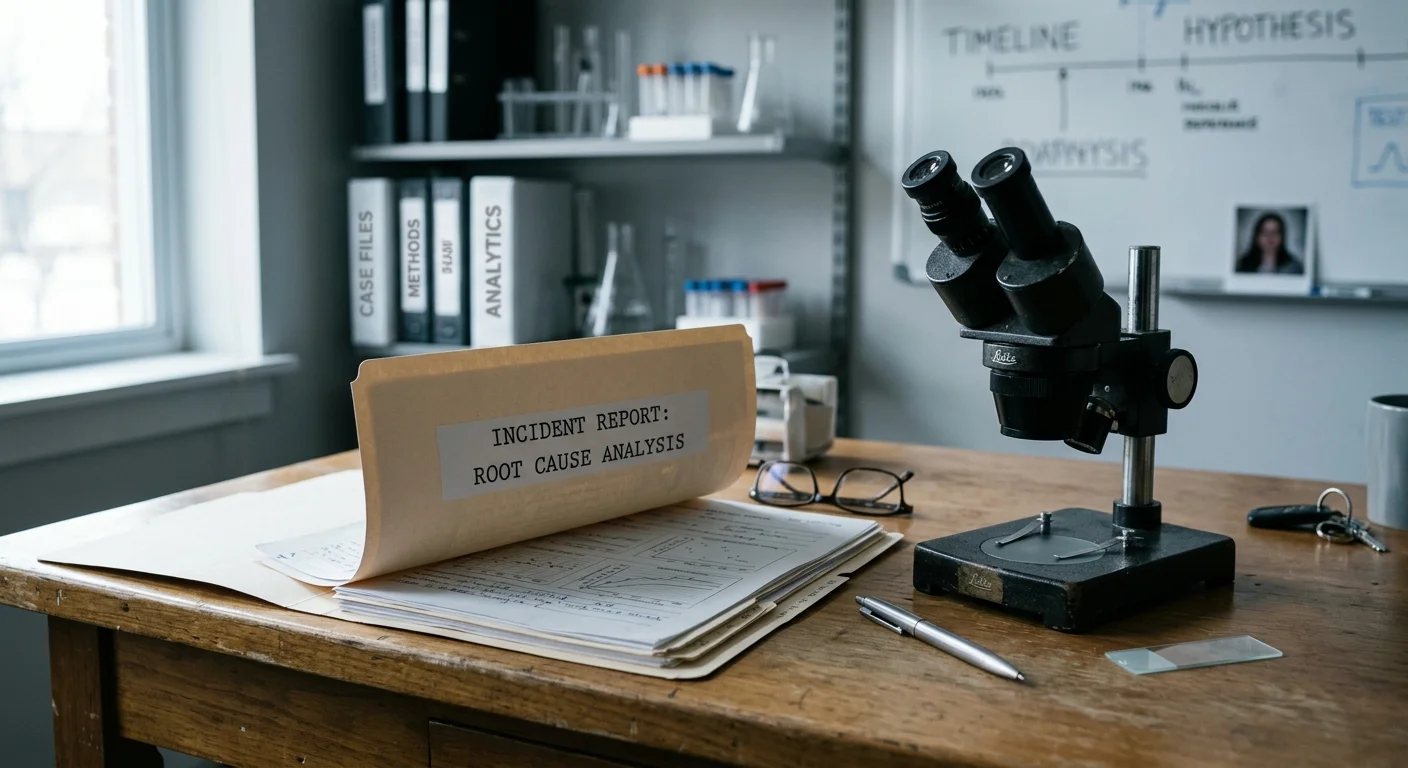 An open manila folder labeled Root Cause Analysis on a wooden desk next to a microscope and a pen.